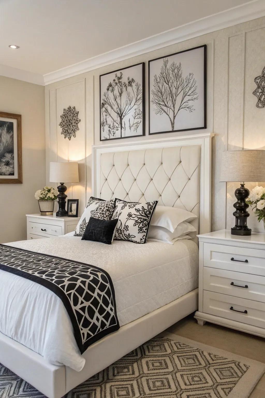 Monochrome elements add a refined touch to the space.