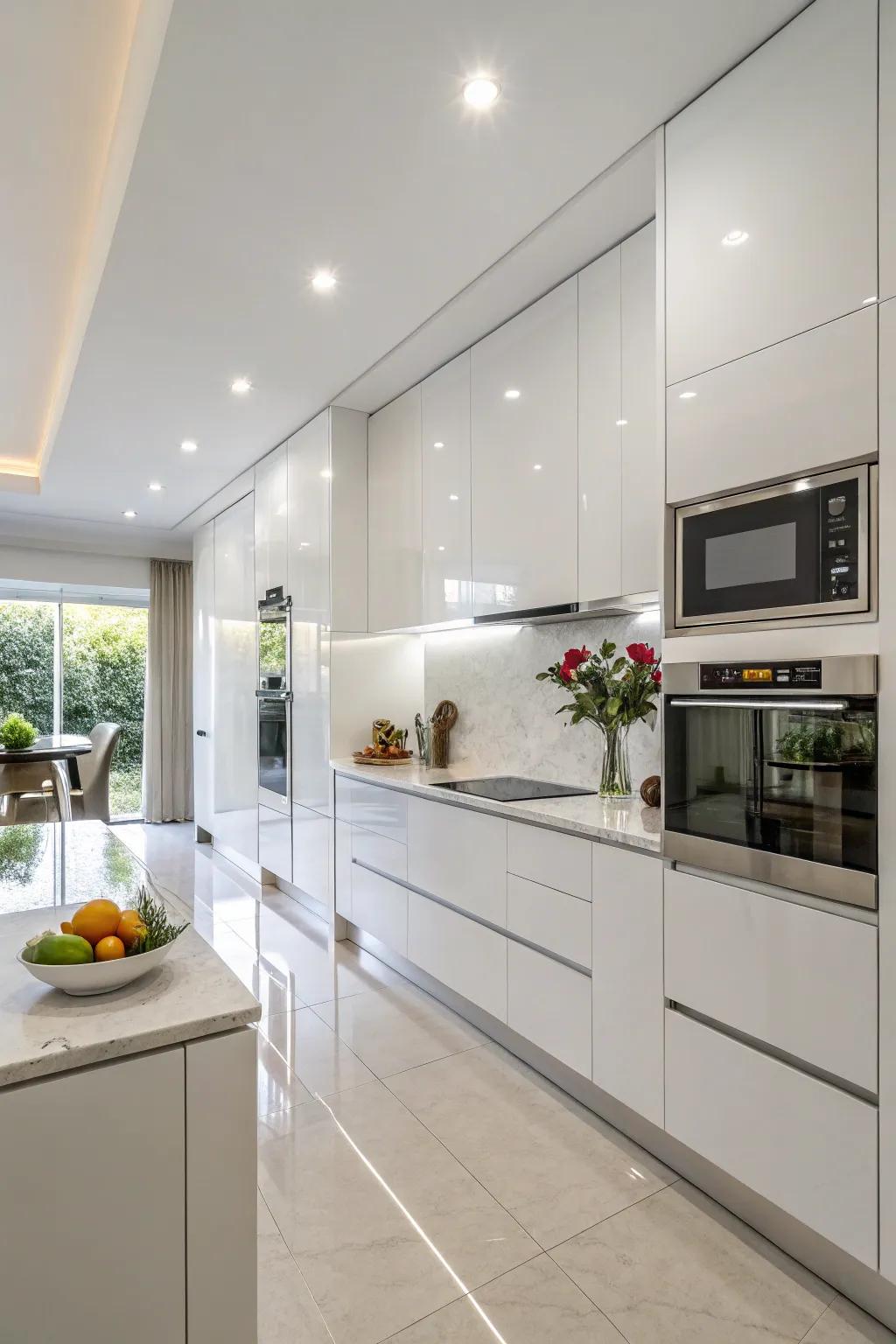 Smooth aesthetics within white kitchens are brought about through the use of integrated appliances.