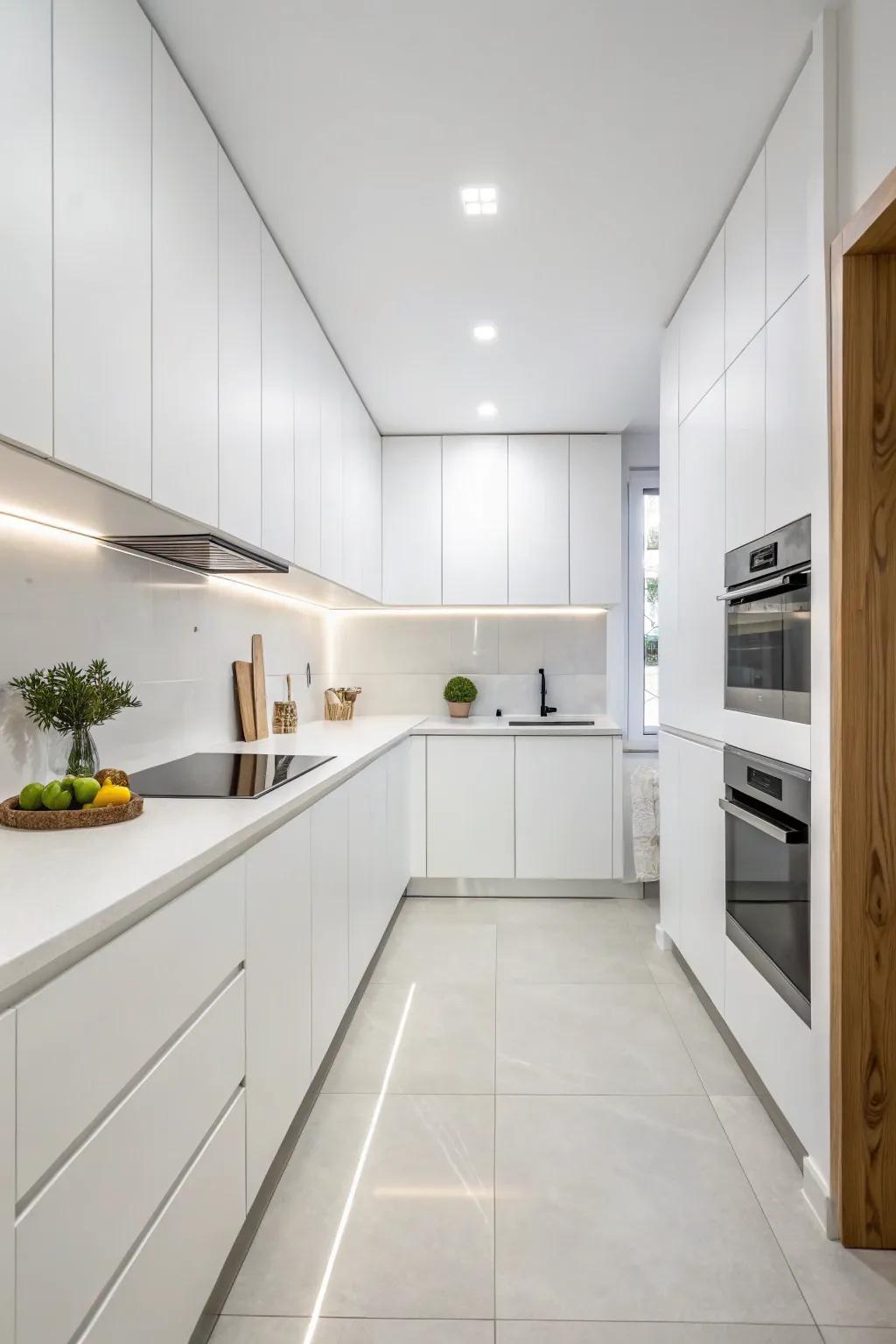 A minimalist design offers a serene, zen-like atmosphere in the white kitchen.
