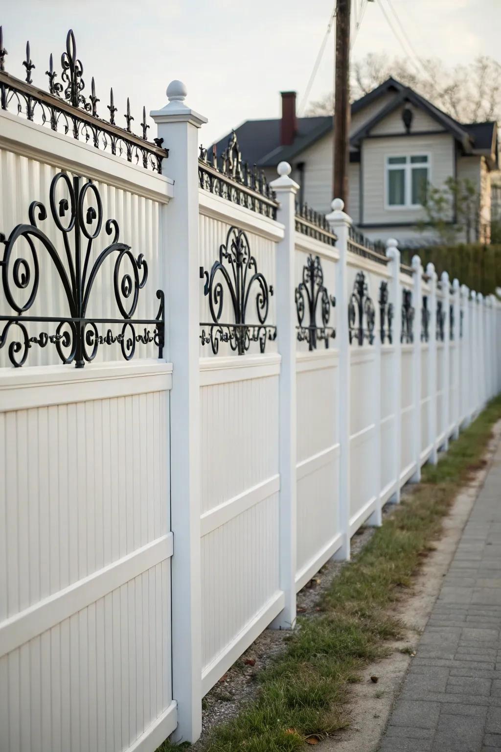 Ornamental metalwork adds refinement and character to a white fence.