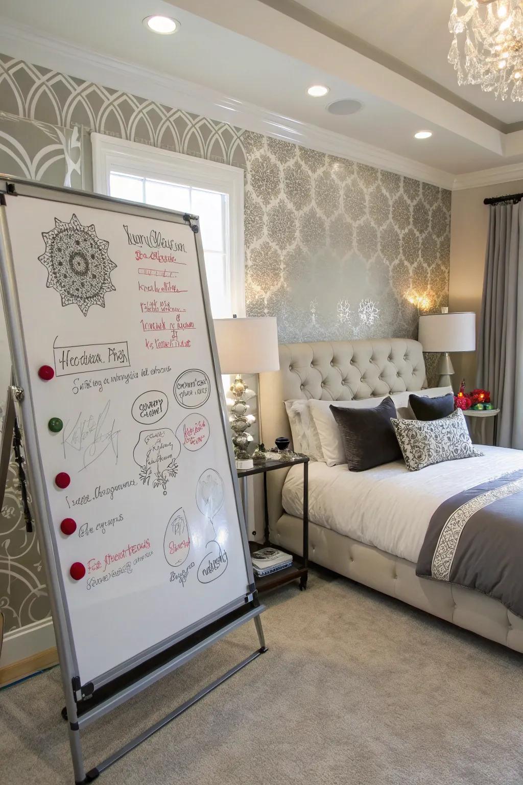 Adhesive vinyls individualize the whiteboard, incorporating singular flair.