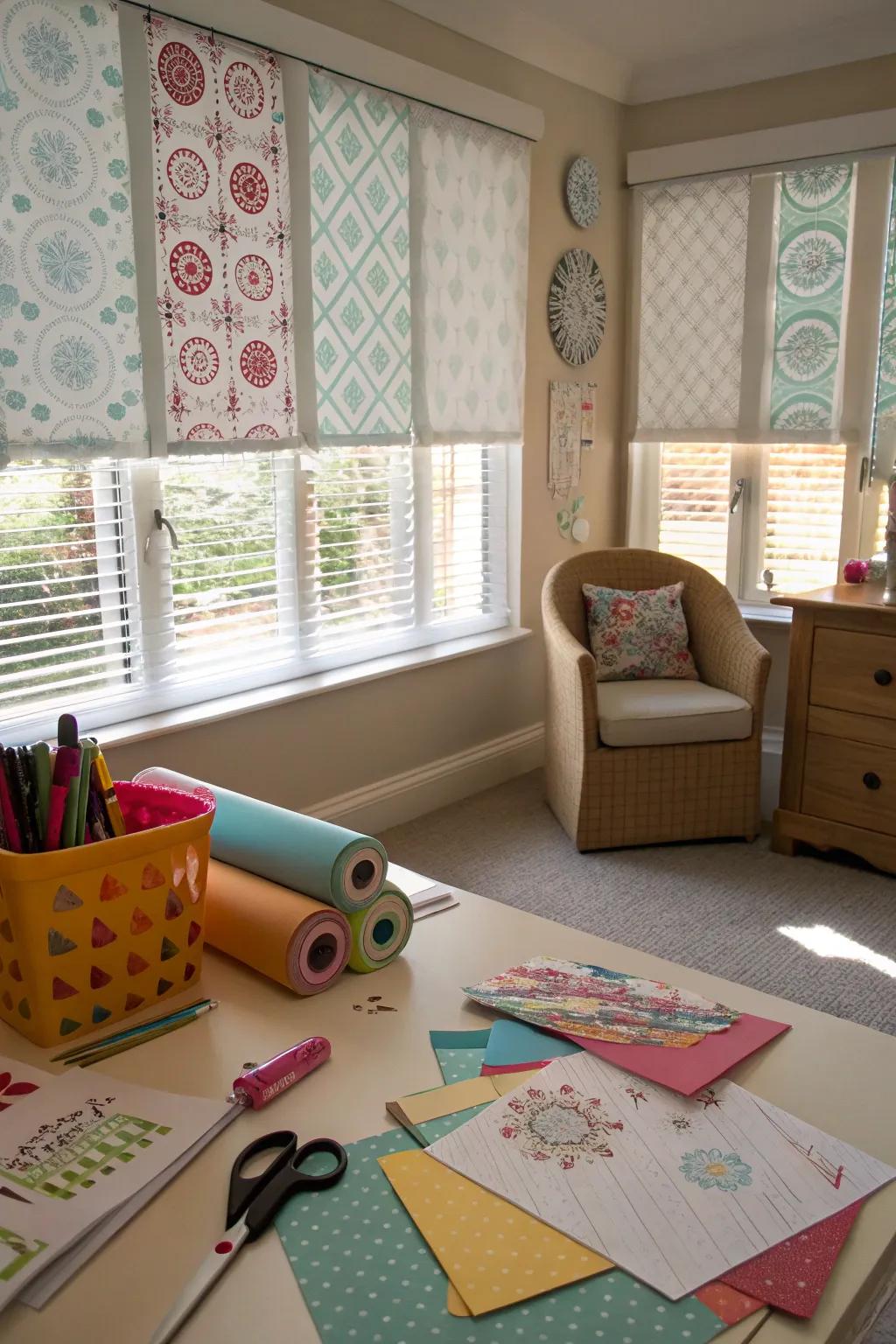 Bespoke-printed coverings adding personality to a craft area.