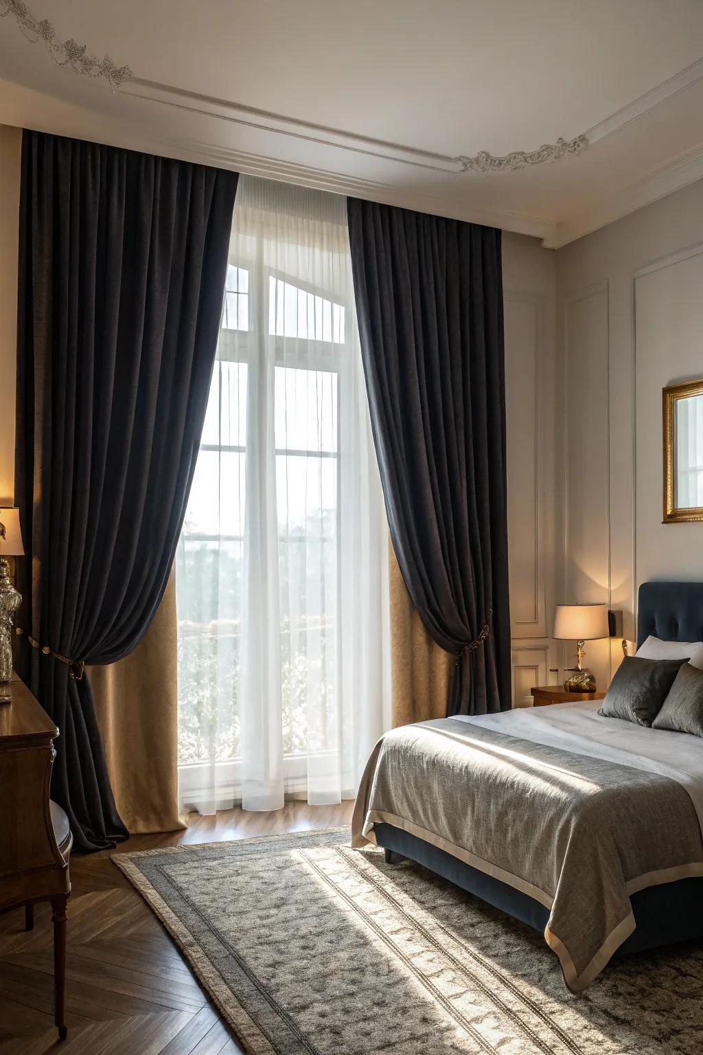 Dark curtains add dramatic contrast in this bright bedroom.