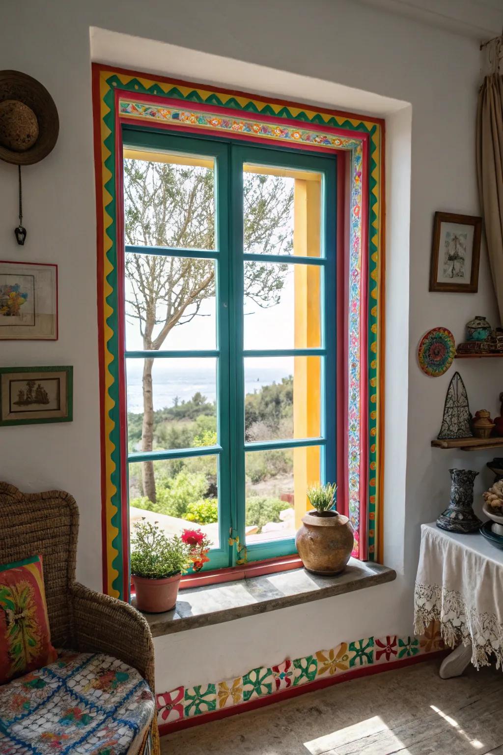 Colorful window trim adds character and definition.