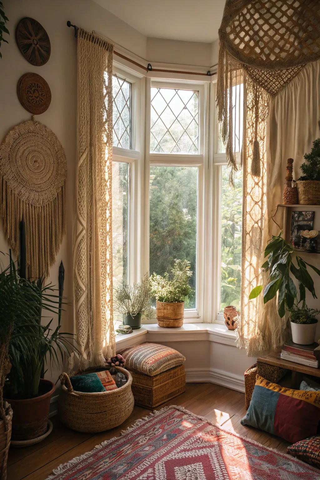 Knotted coverings provide a bohemian and artistic touch.