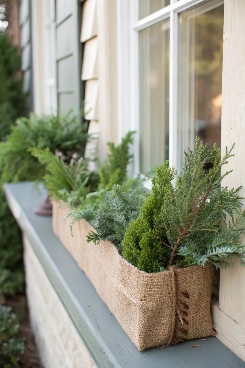 A burlap wrap introduces homespun charm to this winter window box.