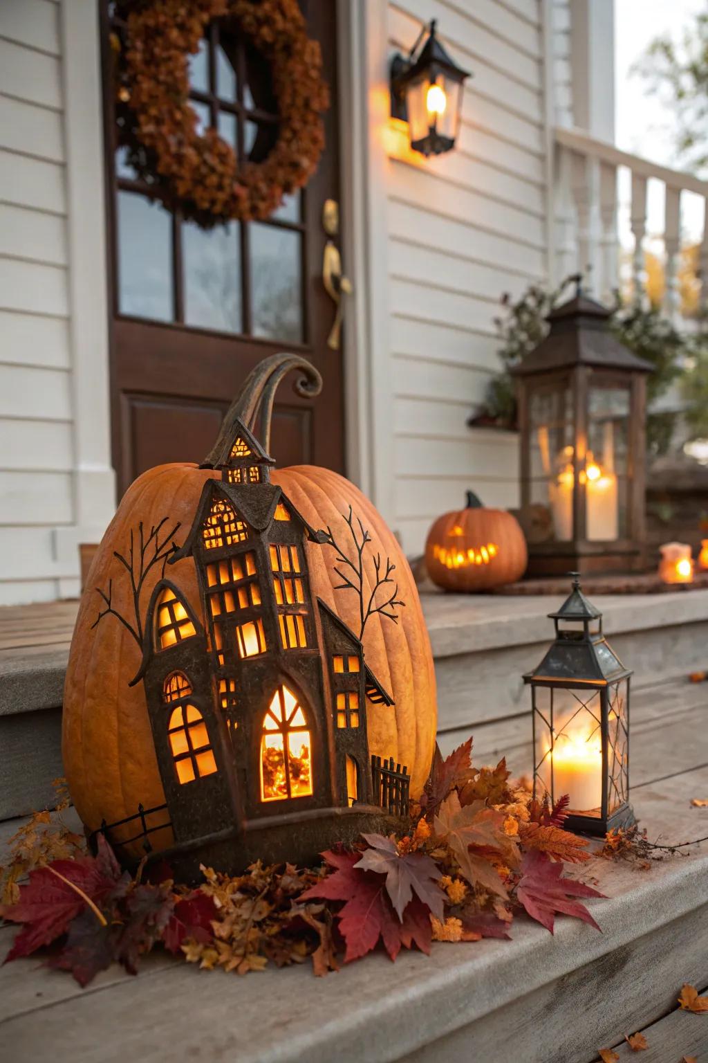 Pumpkin transformed into a spooky haunted abode.