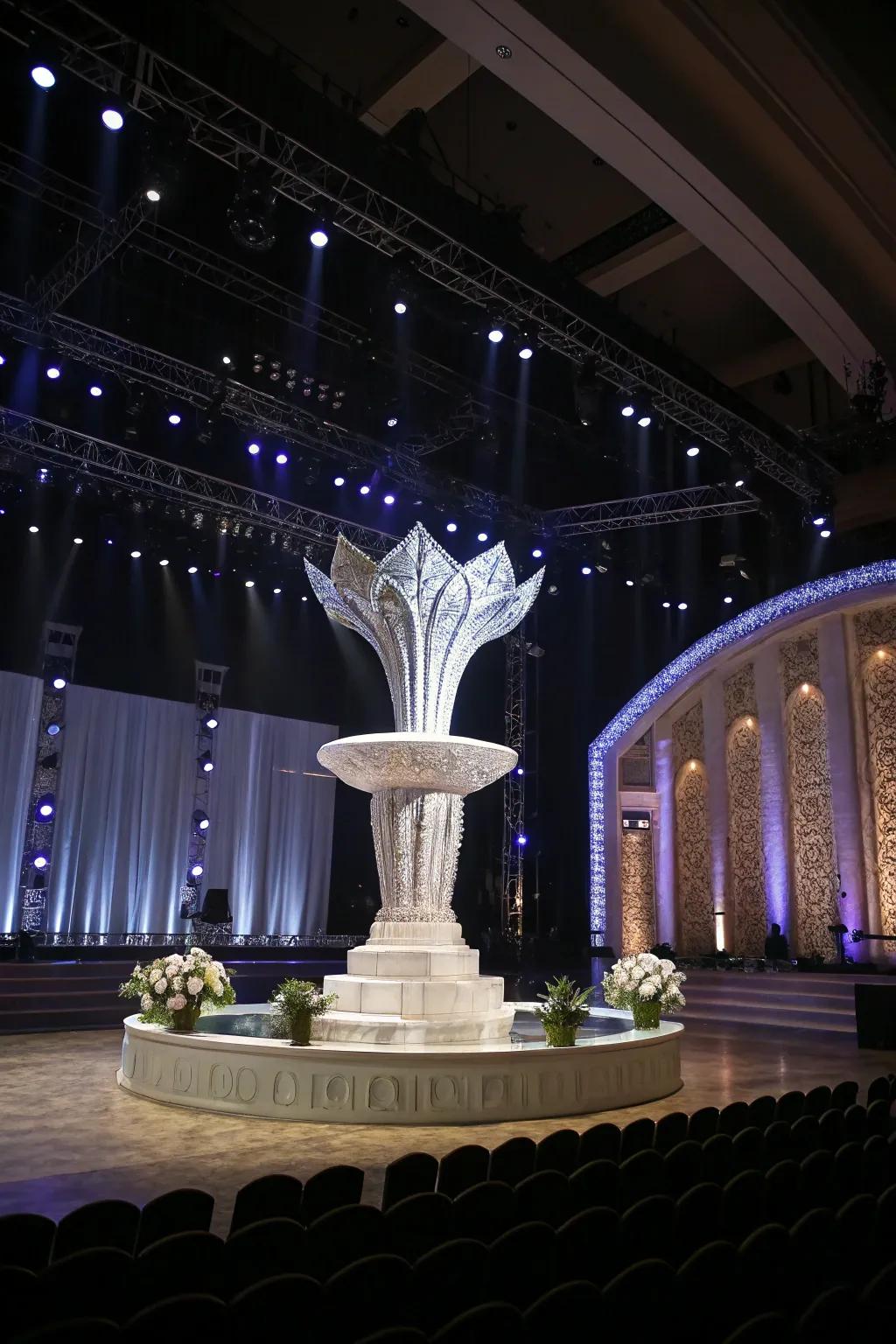 Unique centerpieces create a memorable stage impact.