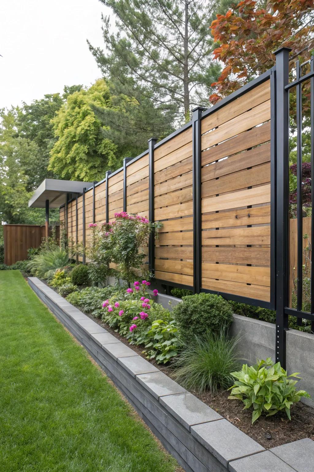 An impressive fence design featuring drifting wood panels and metal supports.