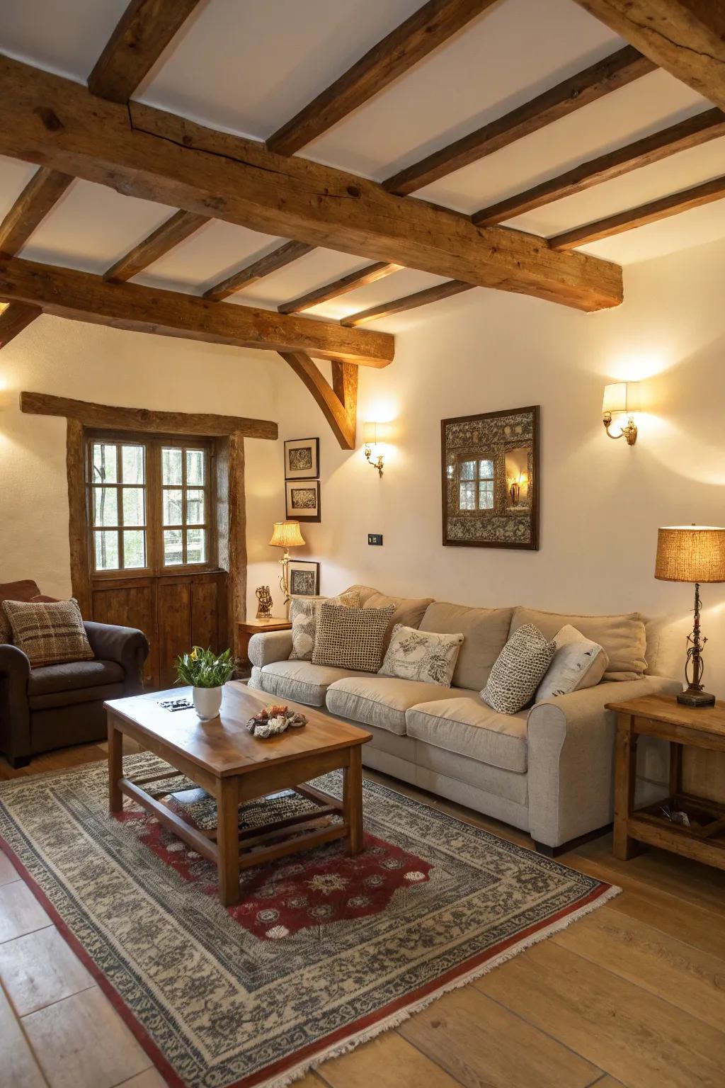 Unique beam positioning that introduces character to a family area.