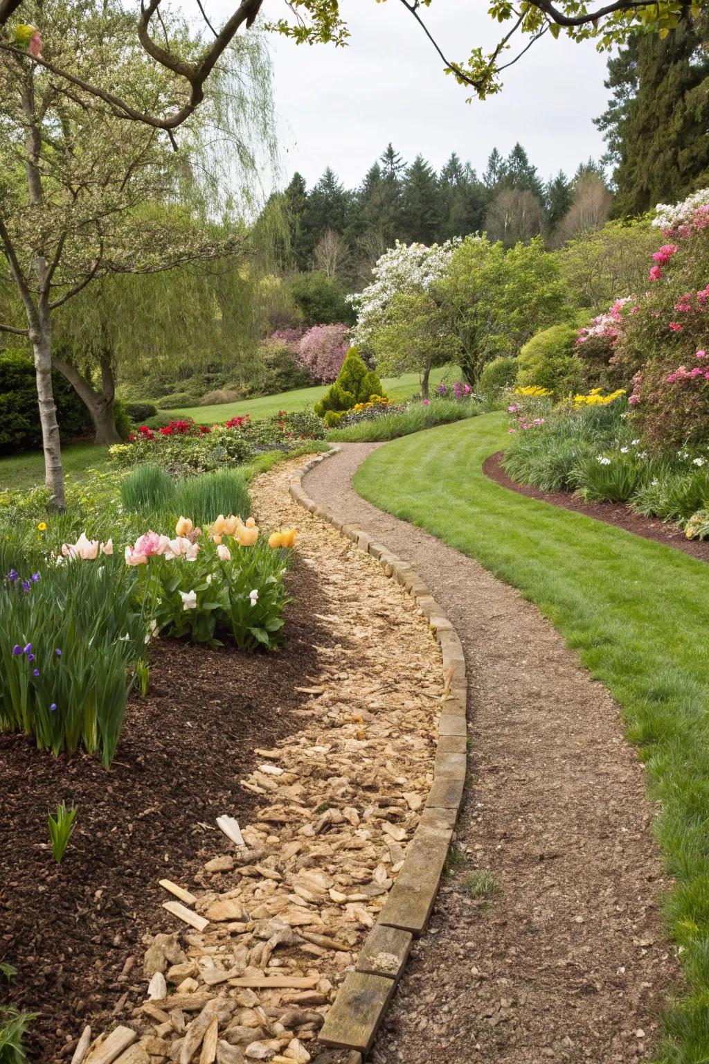 <strong>Wood chips</strong> deliver a natural and rustic outline for garden paths.” loading=”lazy” class=”pimg”>
	</picture><figcaption><strong>Wood chips</strong> deliver a natural and rustic outline for garden paths.</figcaption></figure>
<p>Employ <strong>wood chips</strong> as a natural border for trails, leading seamlessly into the garden. The rustic aesthetic aligns ideally with my outdoor style.</p>
<h3>A few things you might like:</h3>
<ul class=