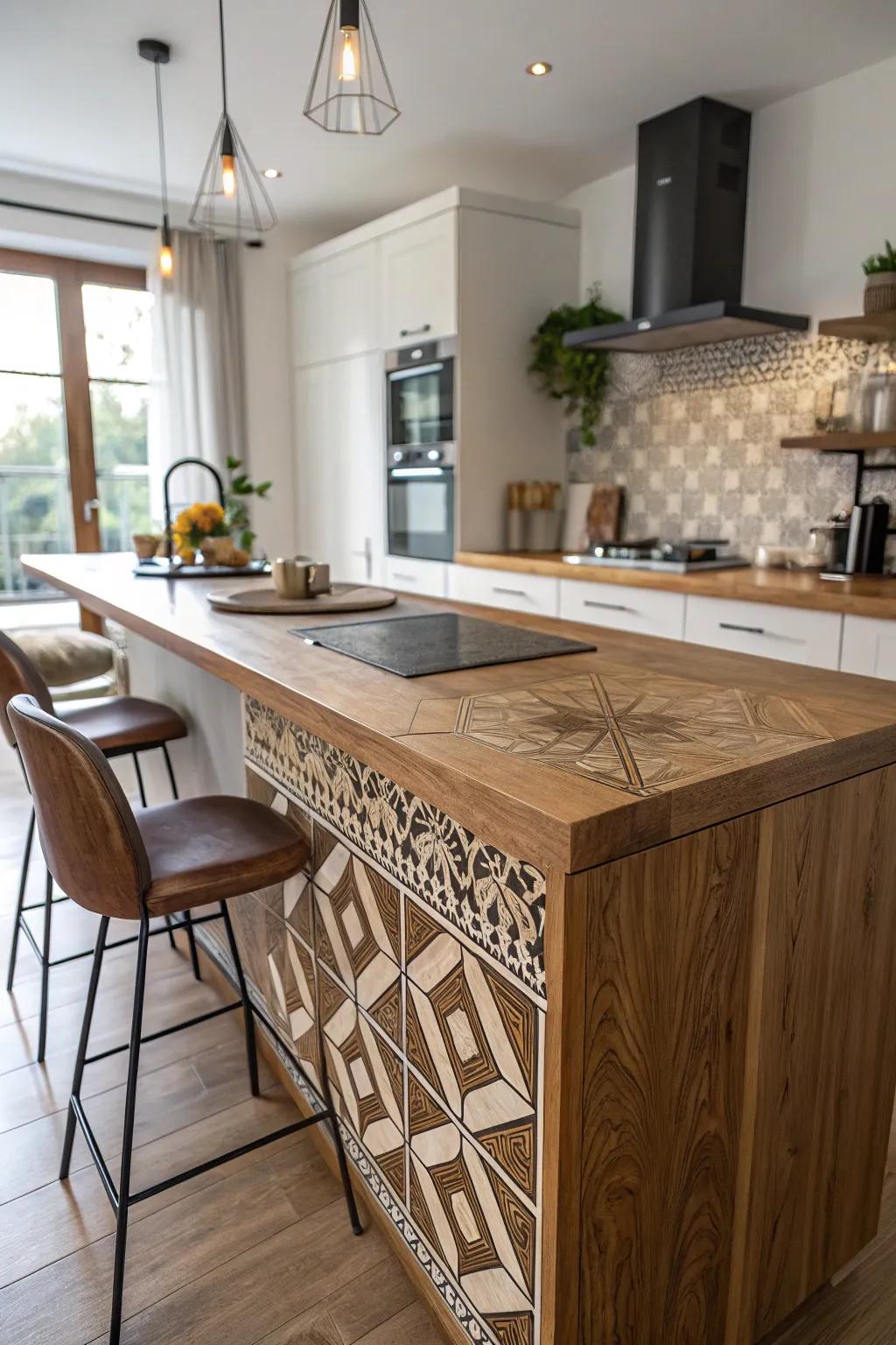 Geometric inlays adding an artistic touch to timber countertops.