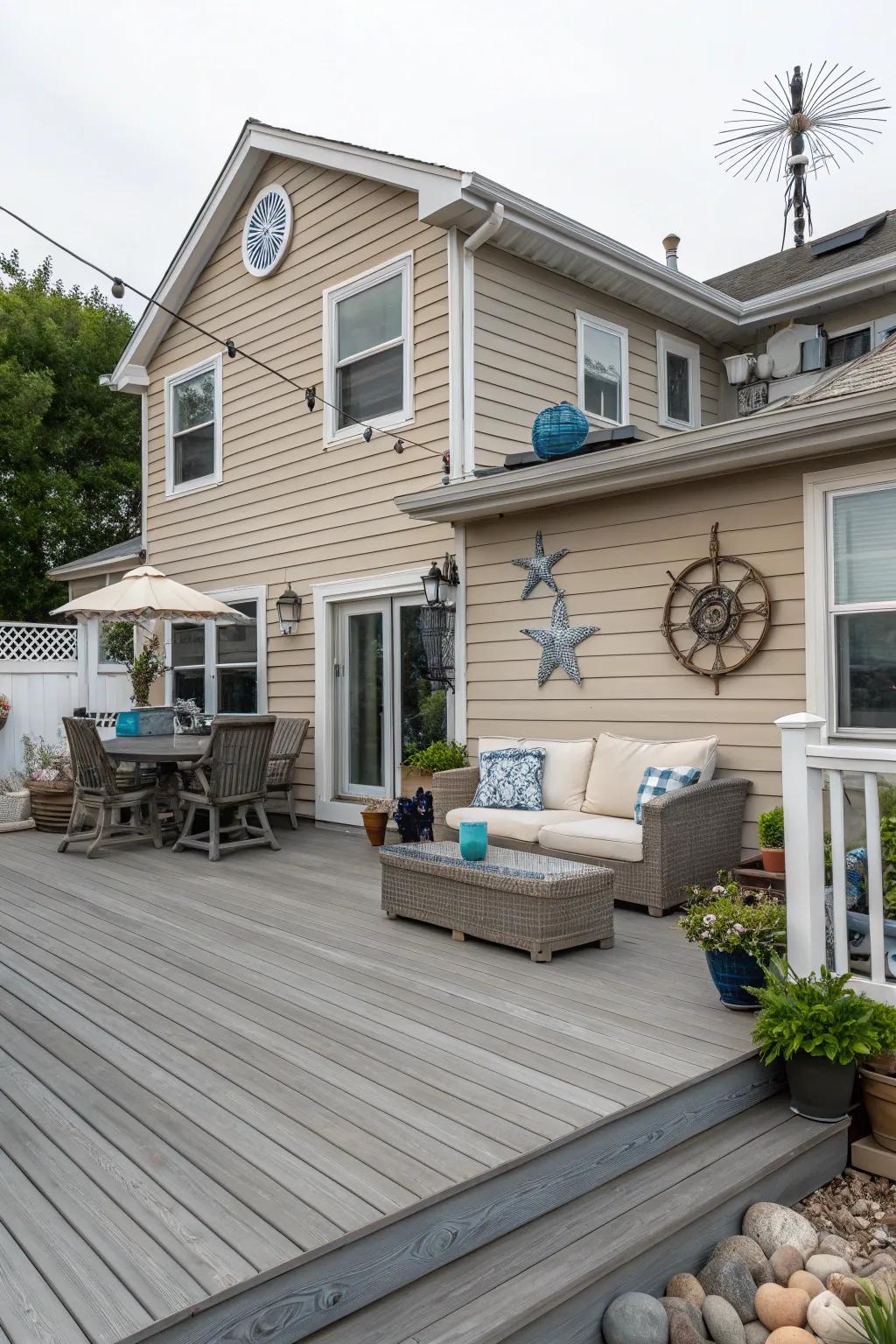 Shore decking evokes a coastal feel, beautifully complementing a tan house.
