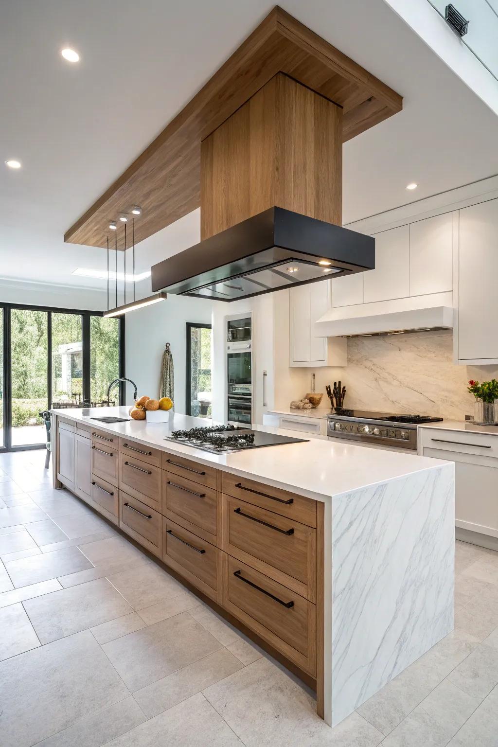 Floating wood range hoods offer a modern and airy kitchen feel.