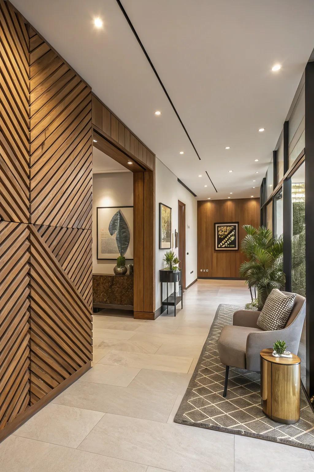 Make a bold statement with diagonal timber slat patterns.