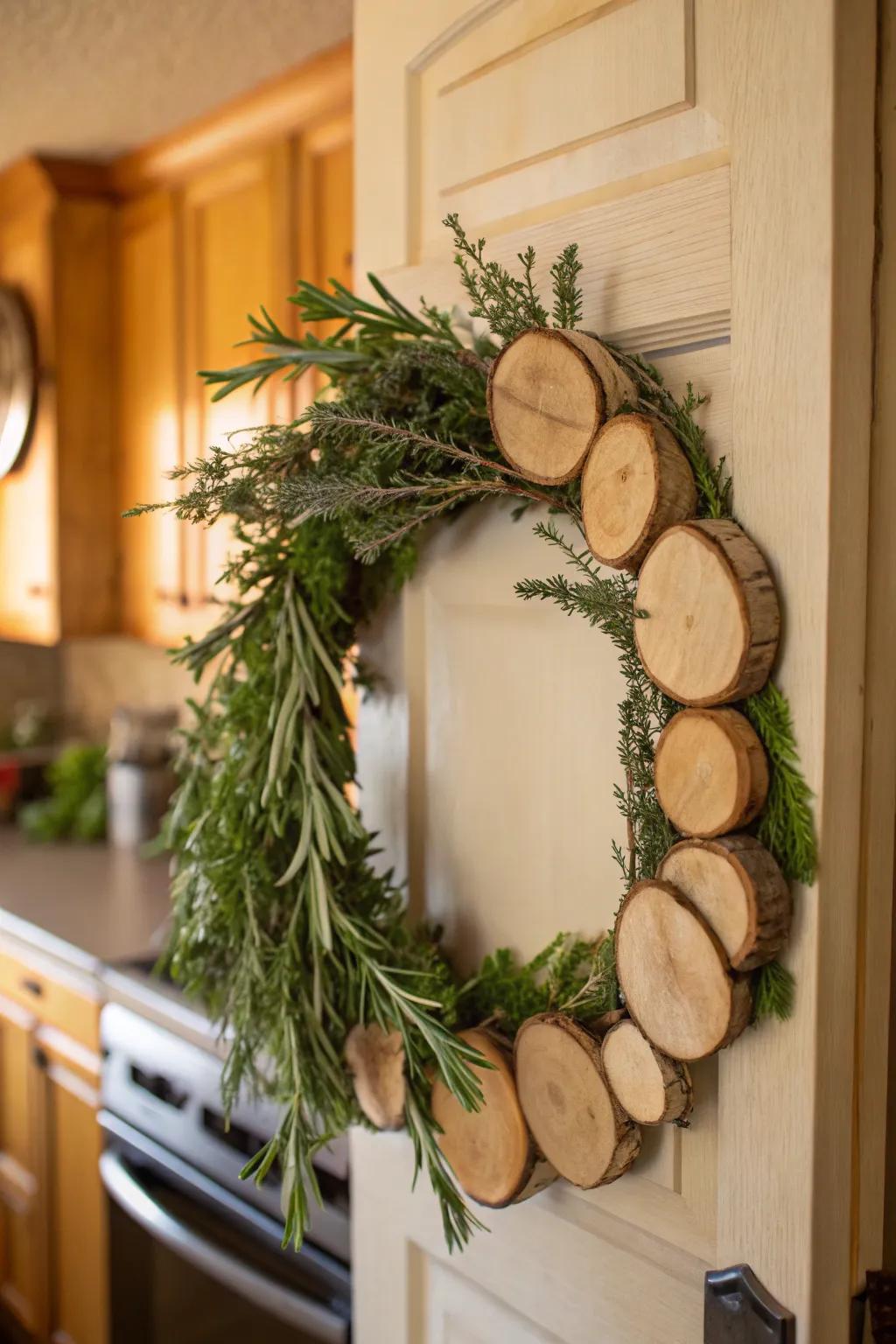 Herb-filled wood circle wreath for a fragrant entry.
