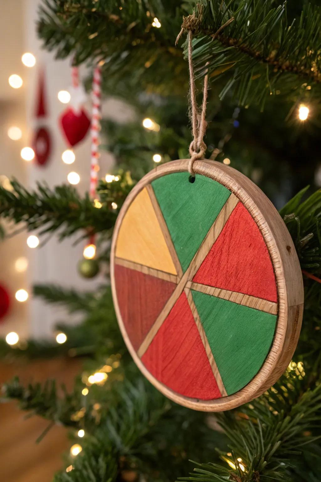 Color sections adds a modern flair to this wooden decoration.