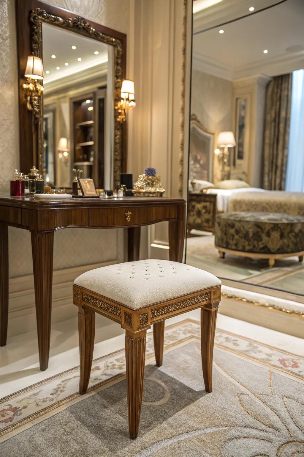 A hardwood stool adds elegance to your vanity setup.
