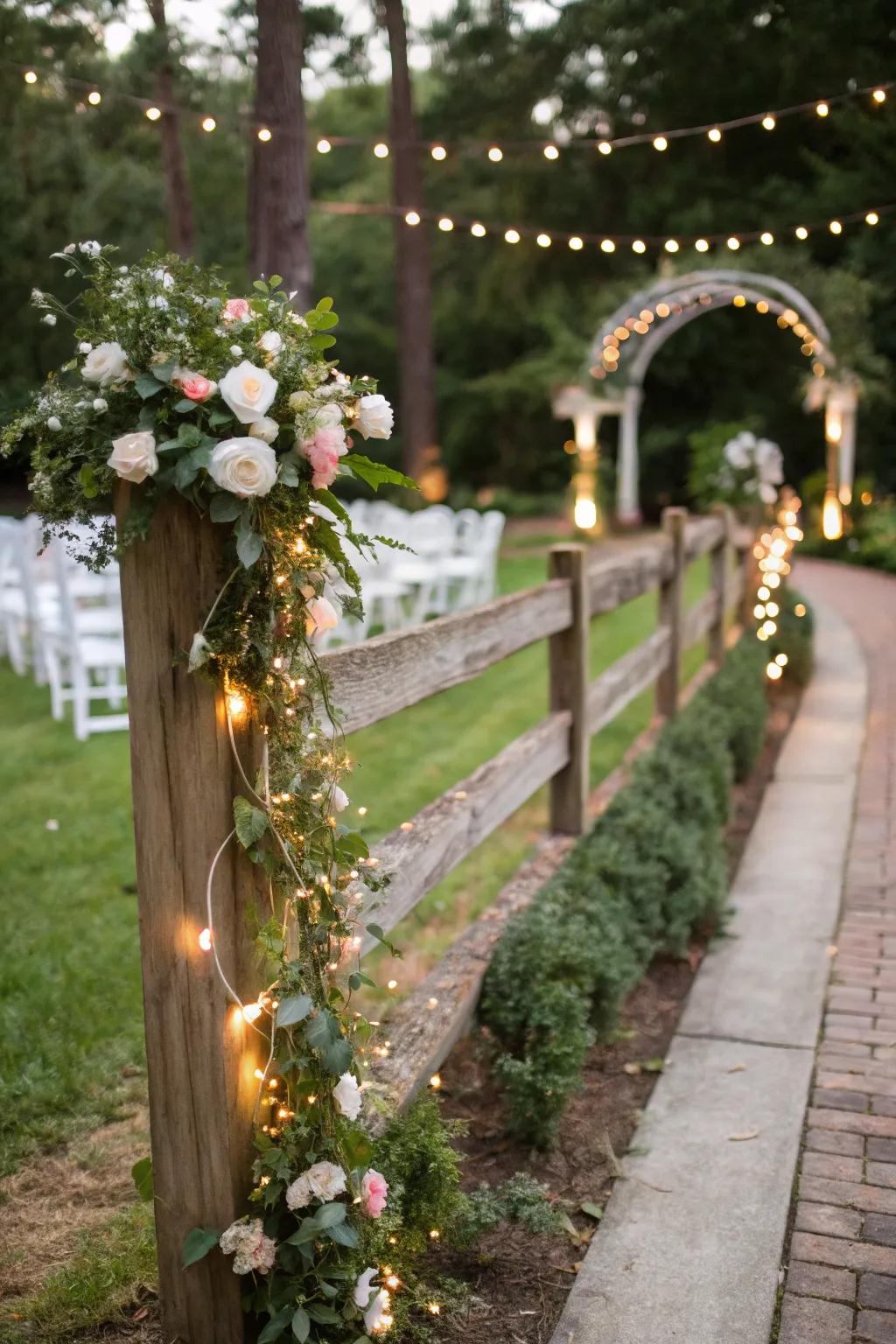 A rough timber boundary enriches wedding backdrops with a hint of countryside allure.