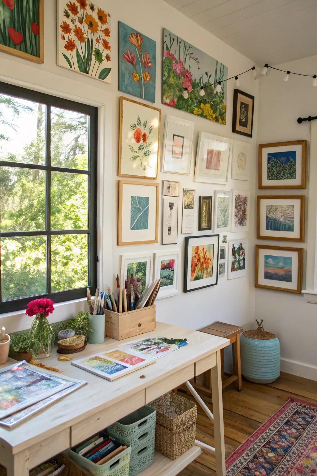 A wall of art shows off your work and sparks ideas.