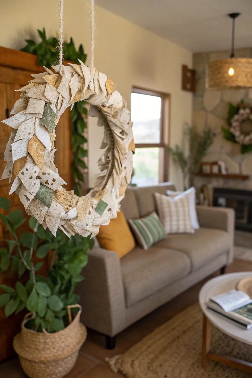 A wreath echoing ecological mindfulness together with creative imagination.