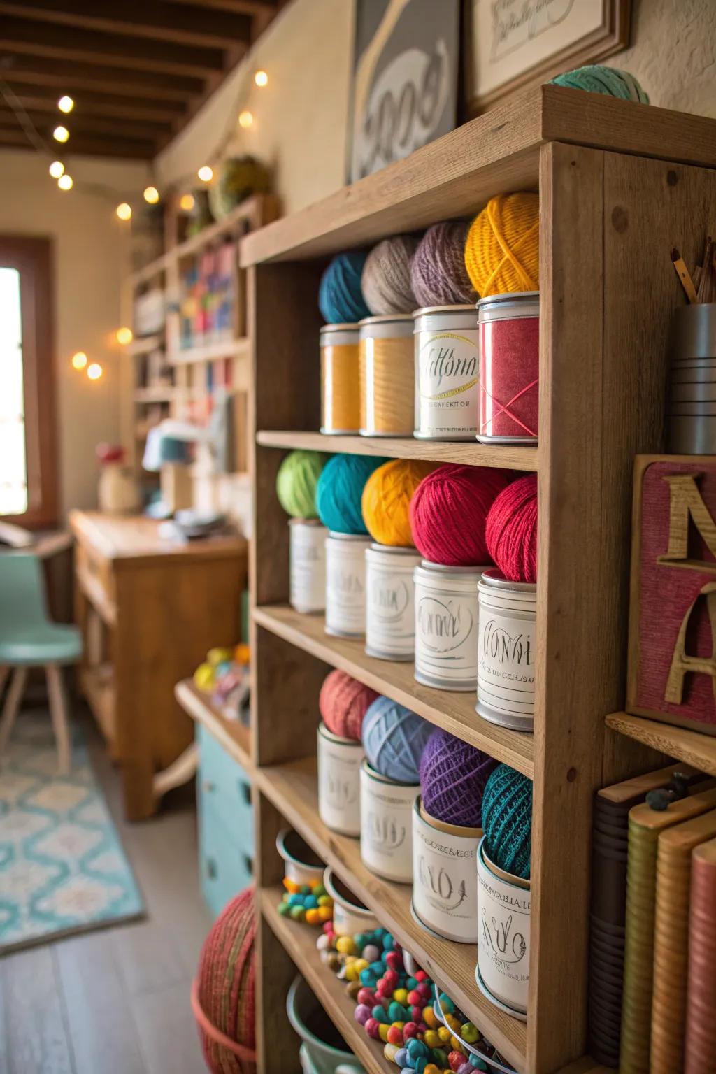 Repurposed coffee tins provide quirky and sustainable yarn storage.