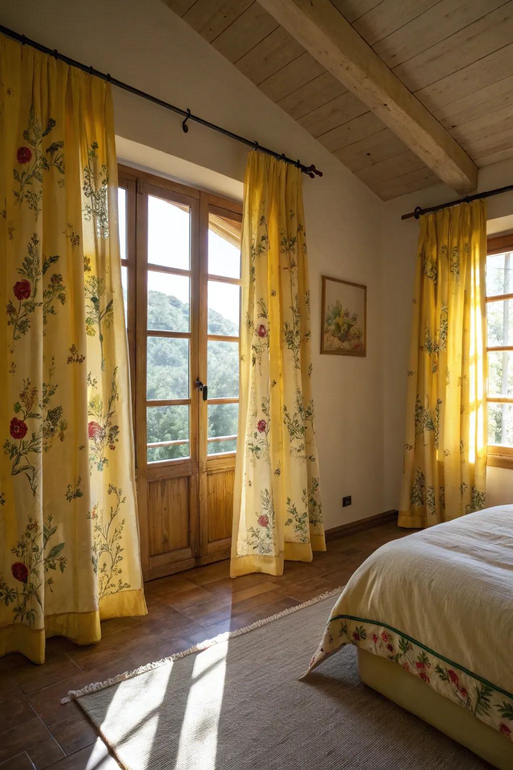 Floral and leaf-patterned yellow window coverings bring a touch of nature into the bedroom.