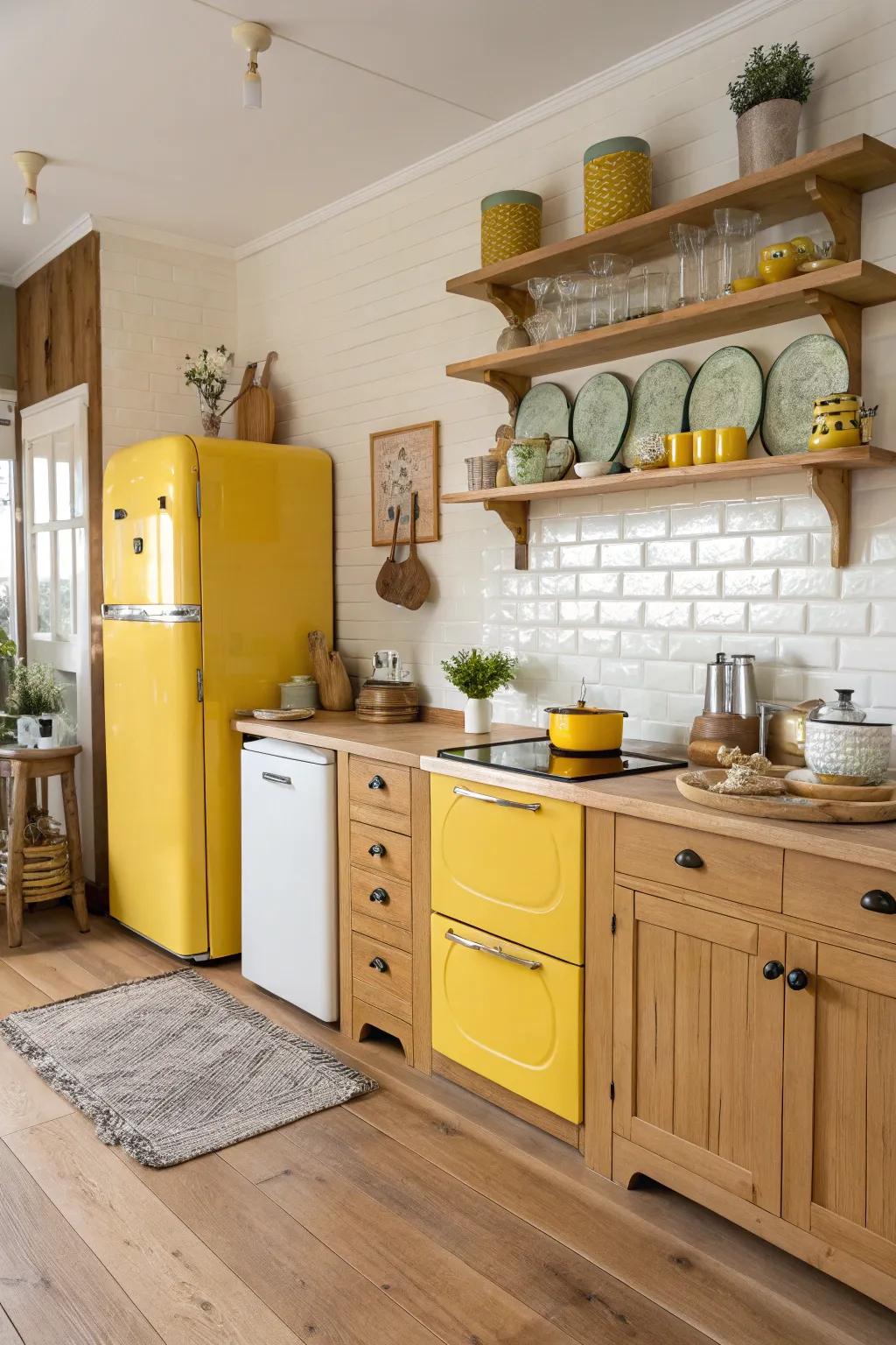 Yellow and wood produce a warm, harmonious kitchen atmosphere.
