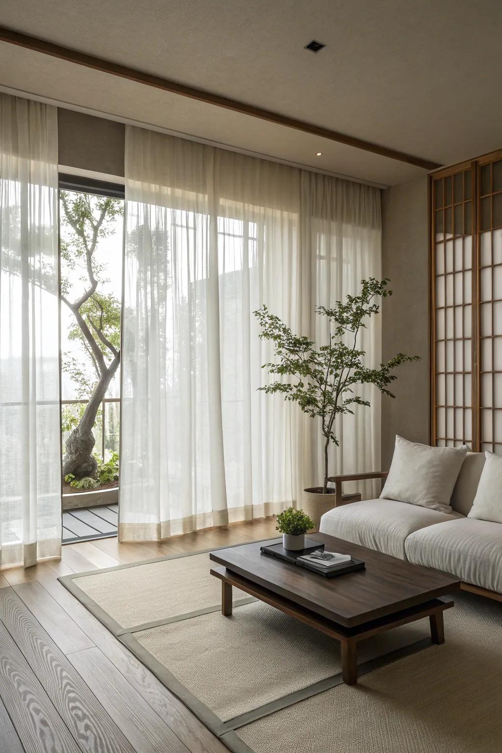 Translucent drapes maintain openness and light.