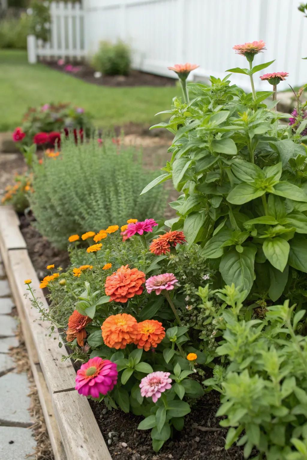 A fragrant and vibrant garden patch with zinnias and herbs.
