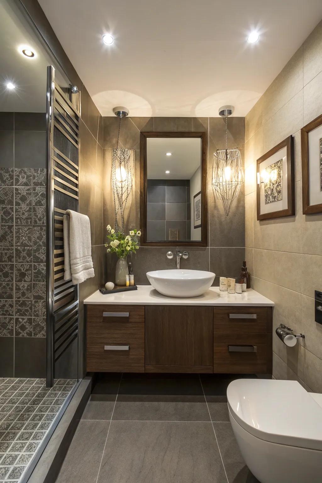 Subtle illumination accentuates the elements of this powder room.