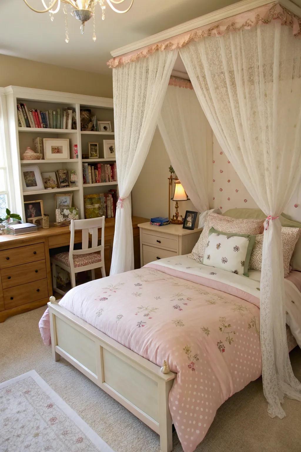 A canopy bed adds elegance and transforms the bedroom into a dreamy retreat.