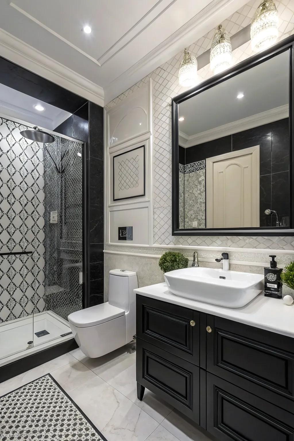 Monochrome style with a timeless black and white bathroom design.