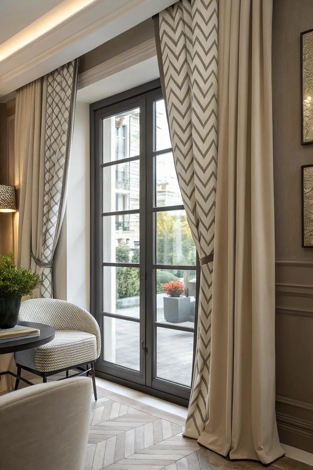 Chevron patterns bring a distinctive flair to window trims.