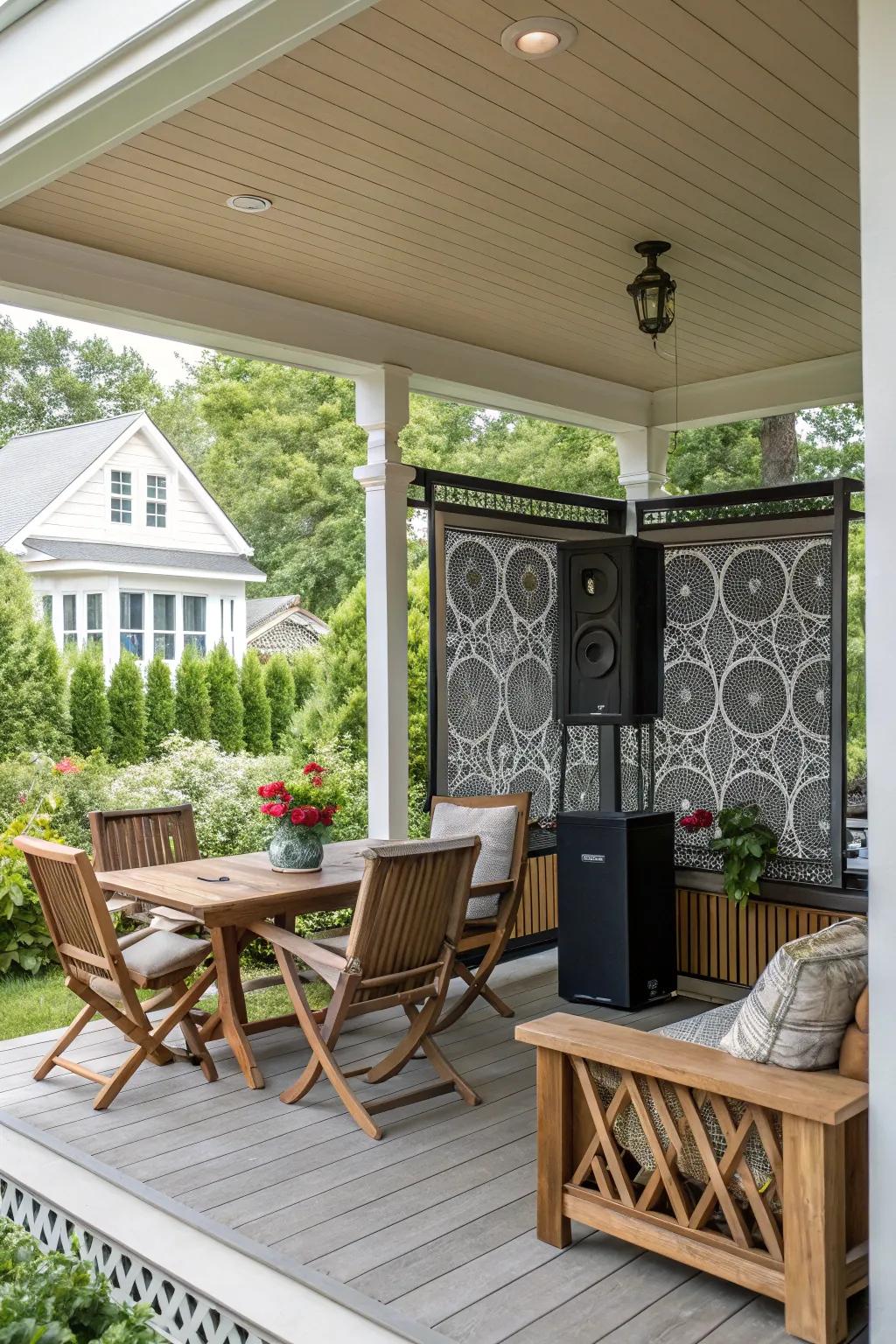 A sound system elevating the porch's relaxation factor.