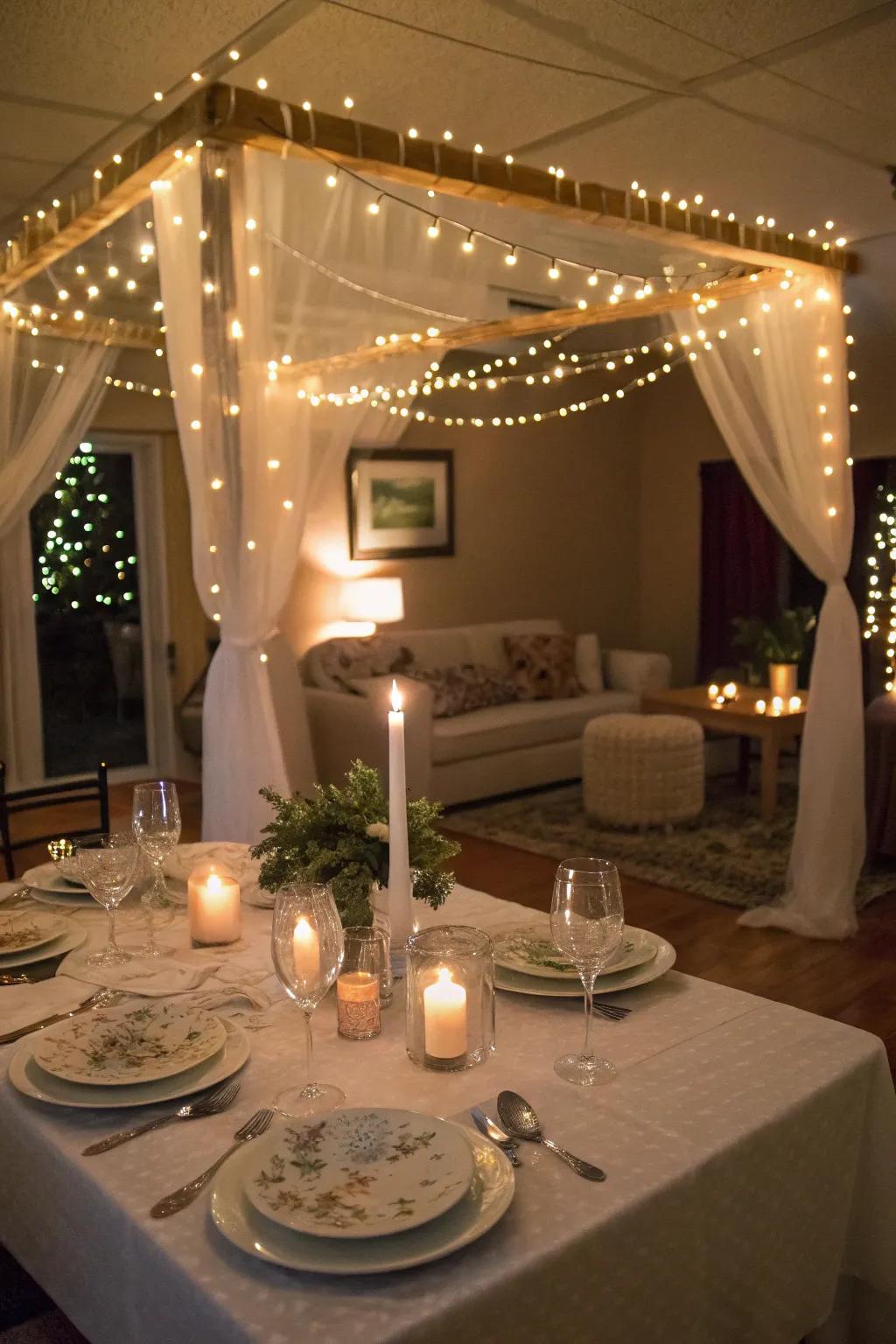 An indoor fairy light netting for a magical dinner setting.