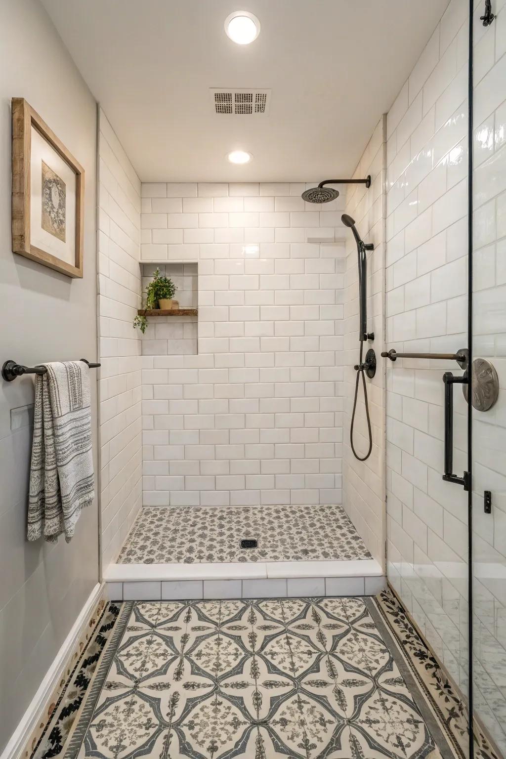 Floor patterns add fun and special looks to a small shower.