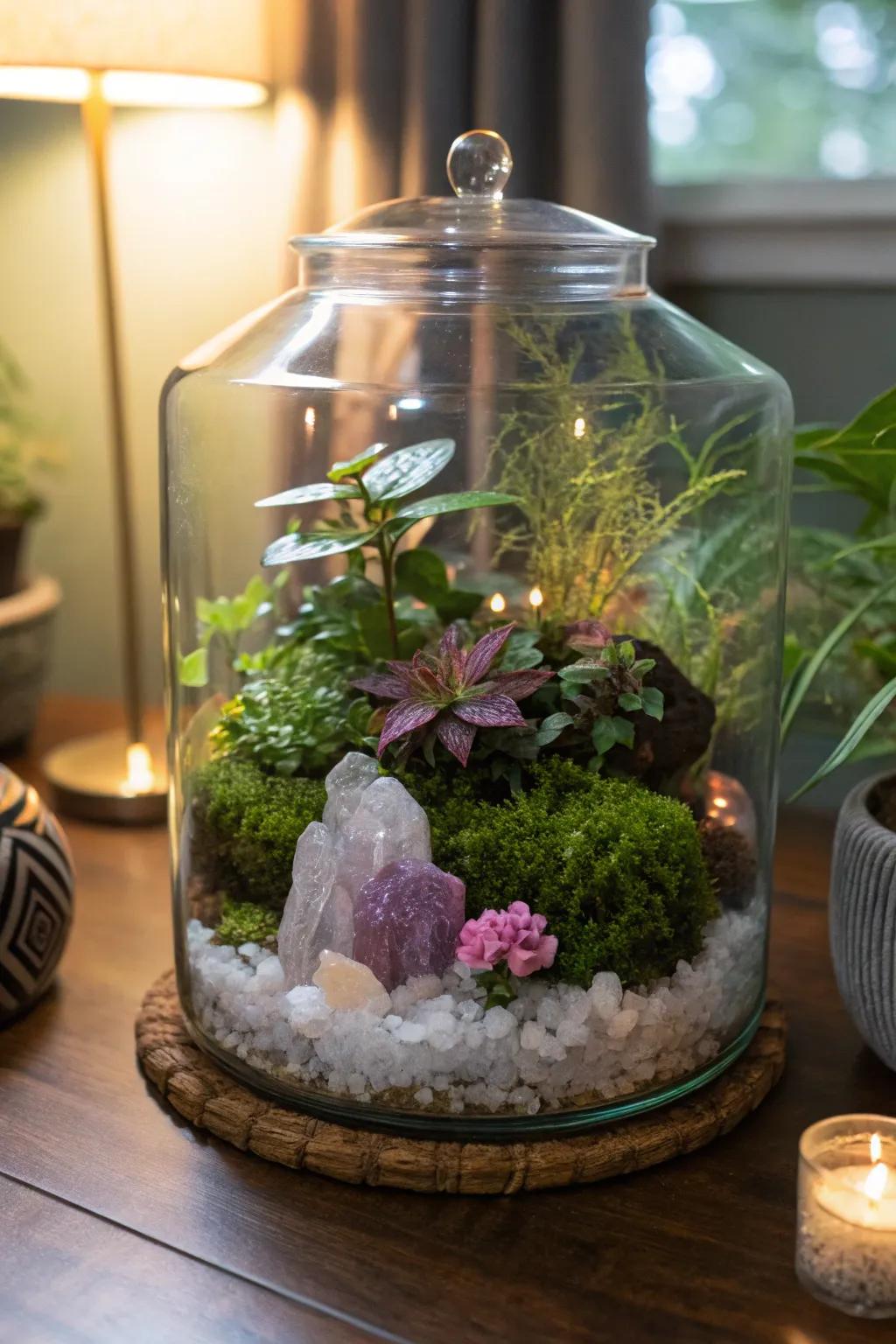 A crystal dream nature display with shimmering stones.