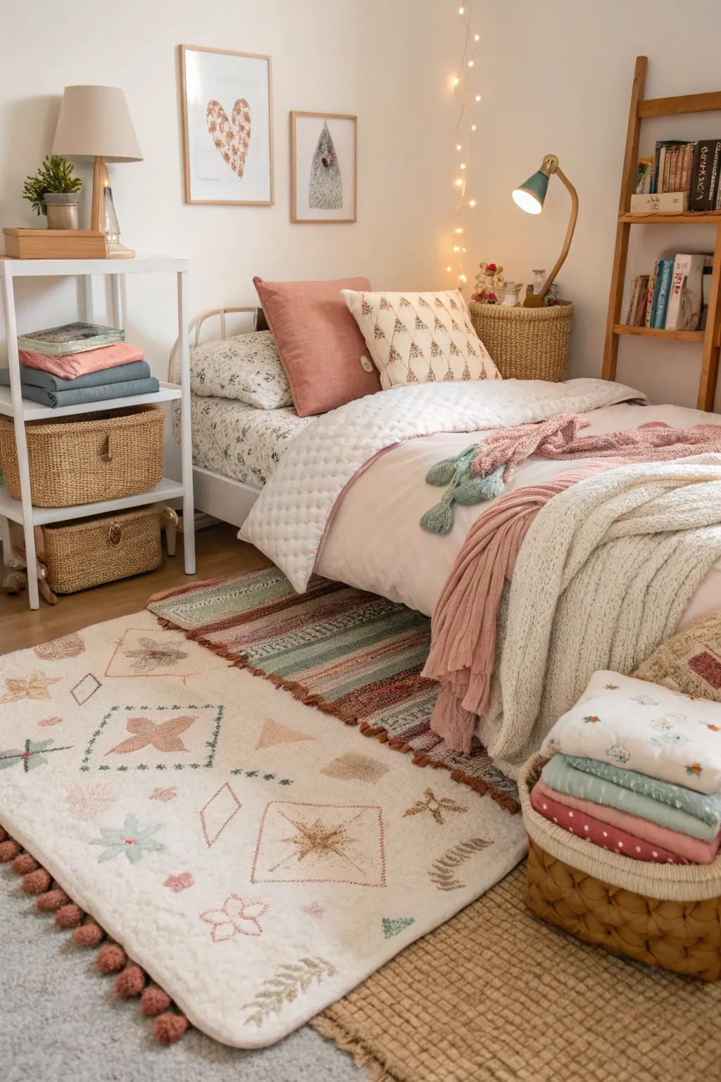 Layered textiles bring warmth and comfort to the room.