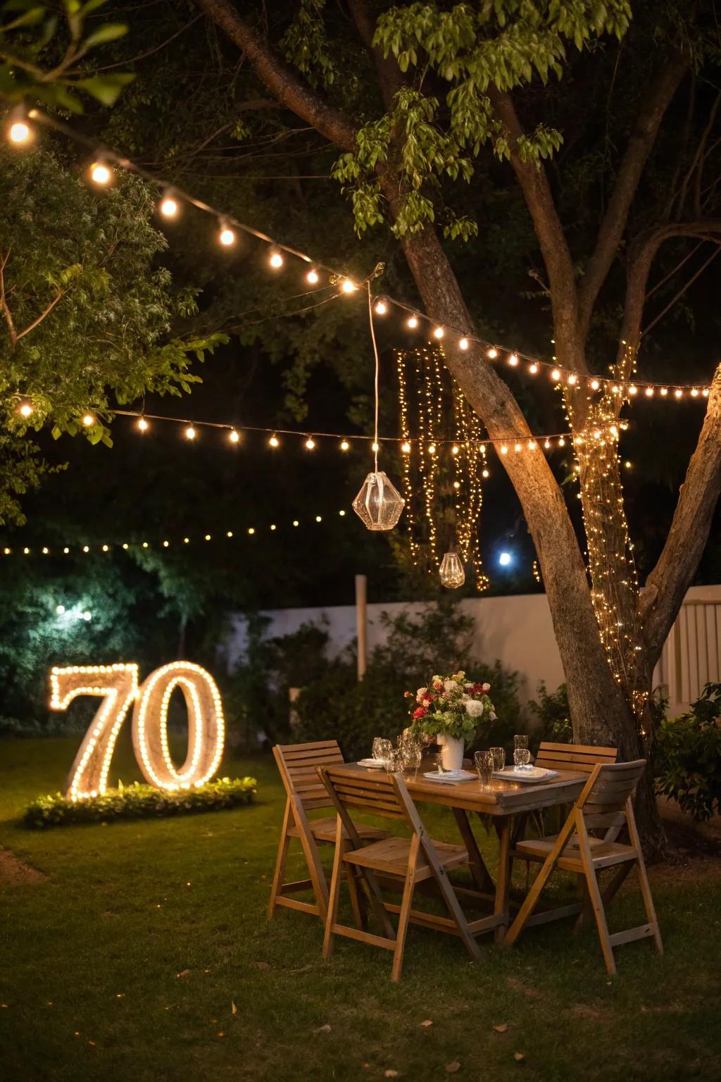 String lights create a magical outdoor atmosphere.