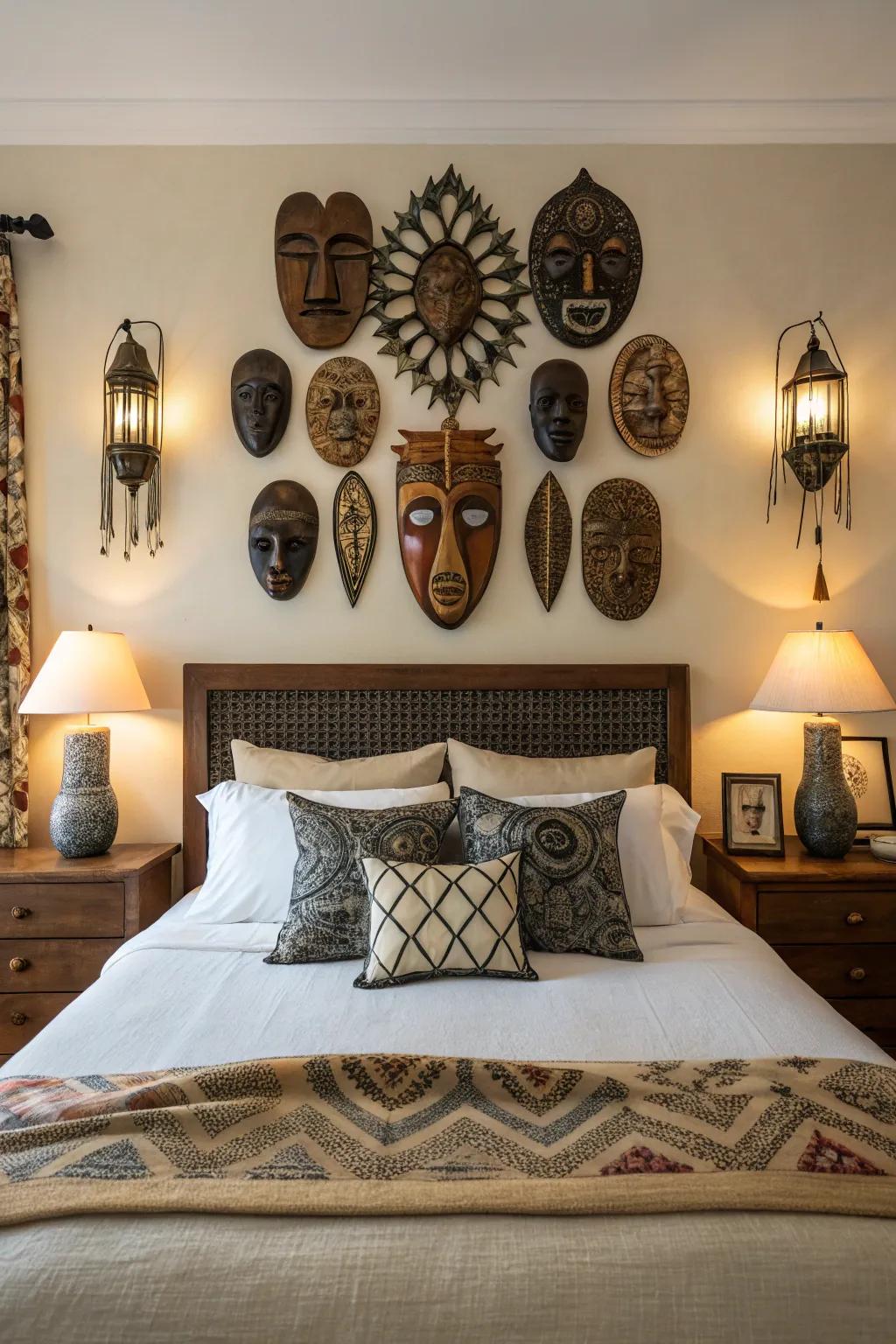 An eclectic mask display adds personality above the bed.