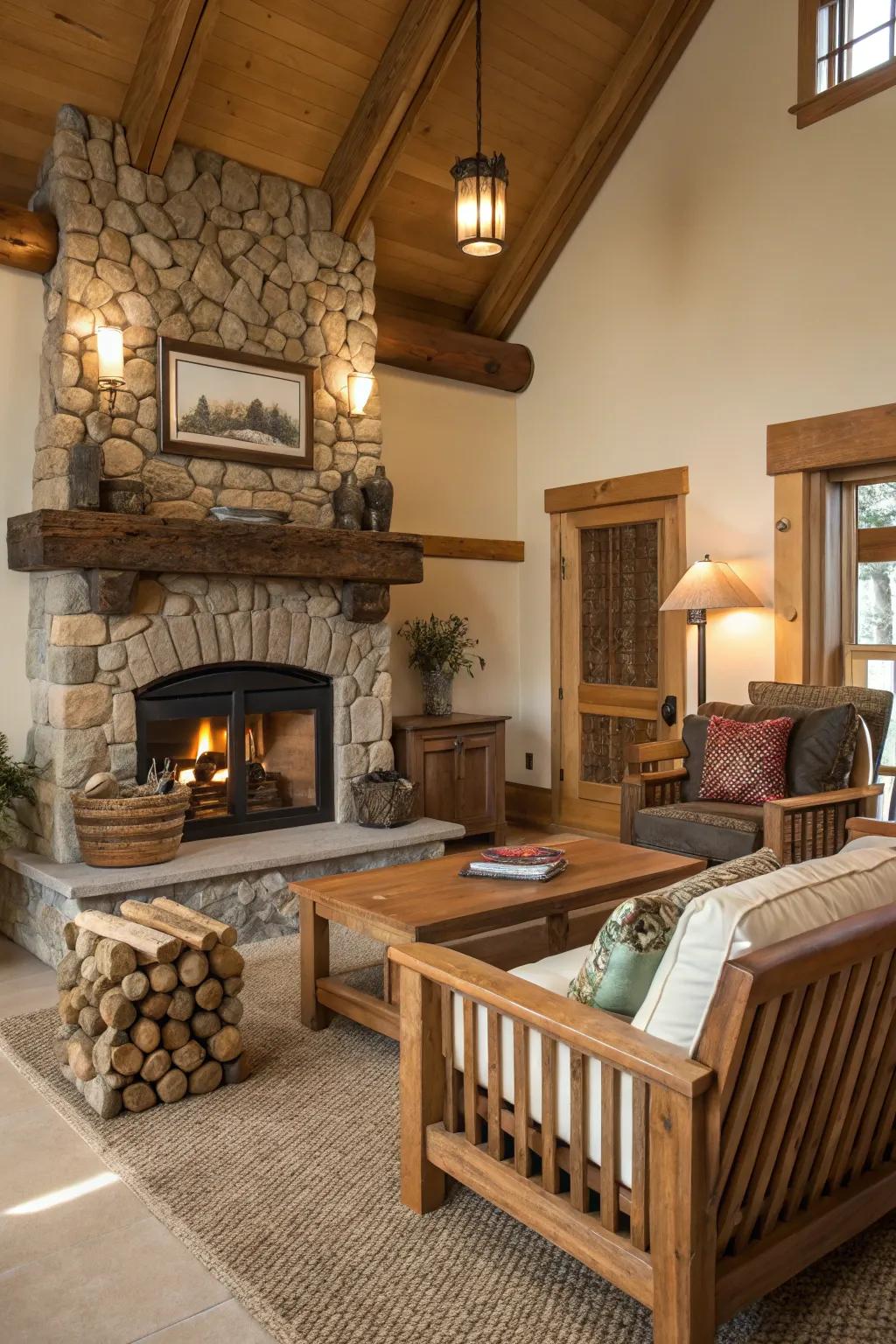 Unrefined wooden elements introduce warmth and natural beauty above the fireplace.