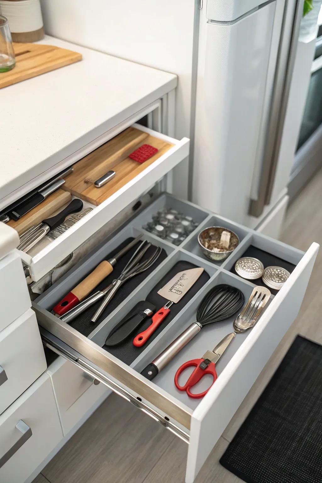 Offering convenient storage with a slide-out shelf above the fridge.