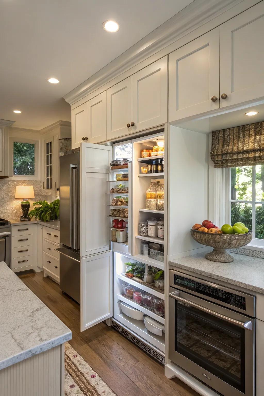 Slim cabinets give hidden storage.