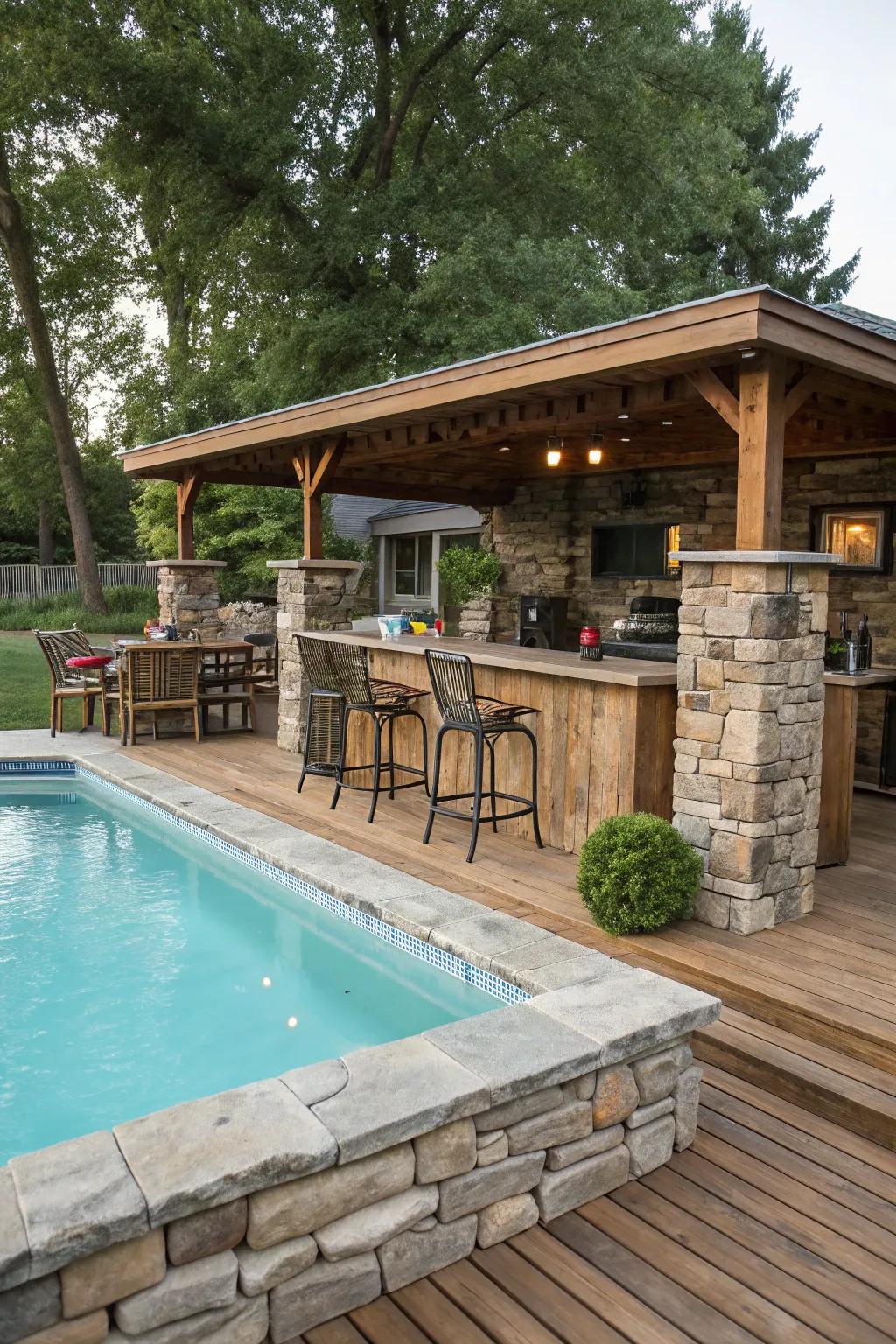 Stone elements bring country charm to your poolside bar.