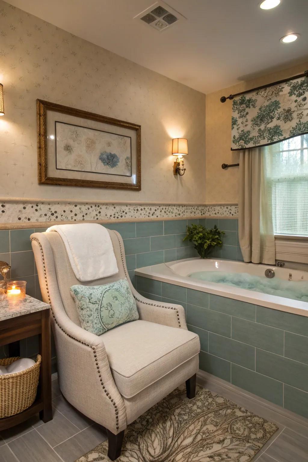 An accent chair in the bathroom offers a spa-like getaway.