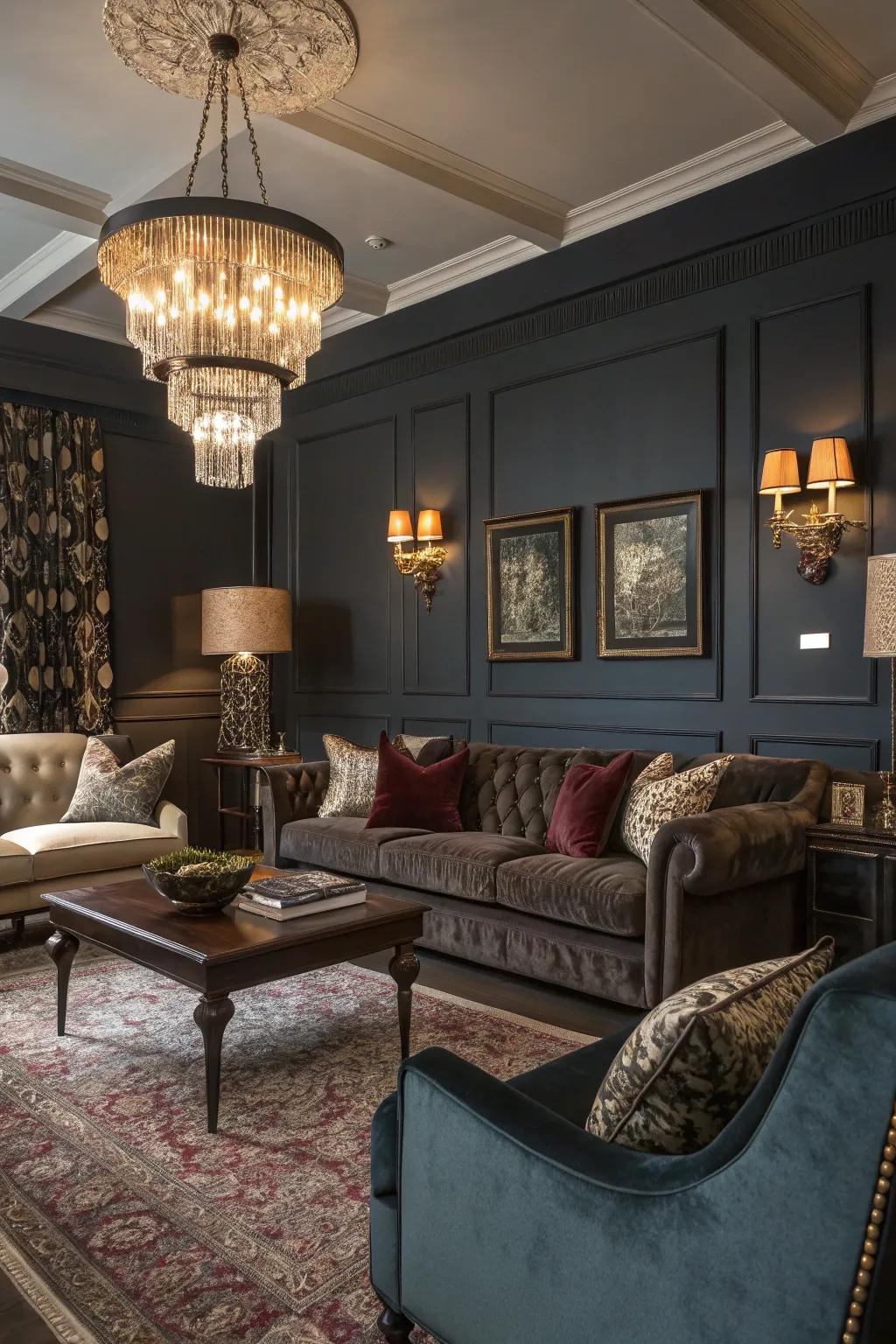 A sophisticated living area featuring deep shades.