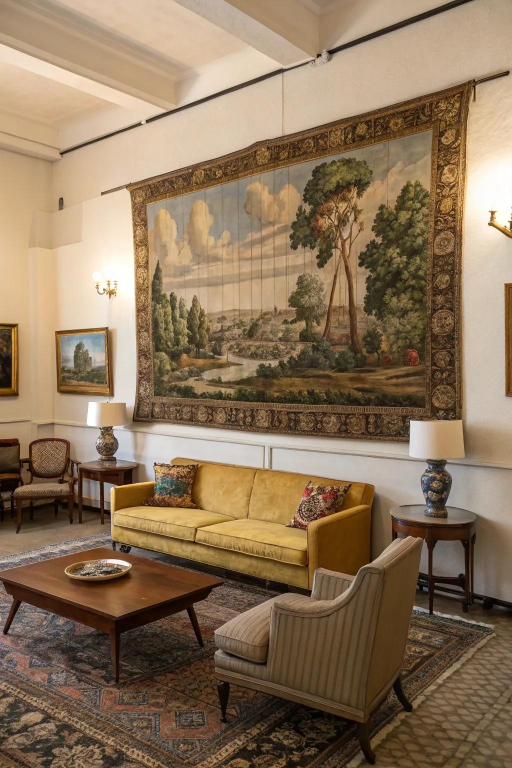 Vintage art tapestries add nostalgia and sophistication.