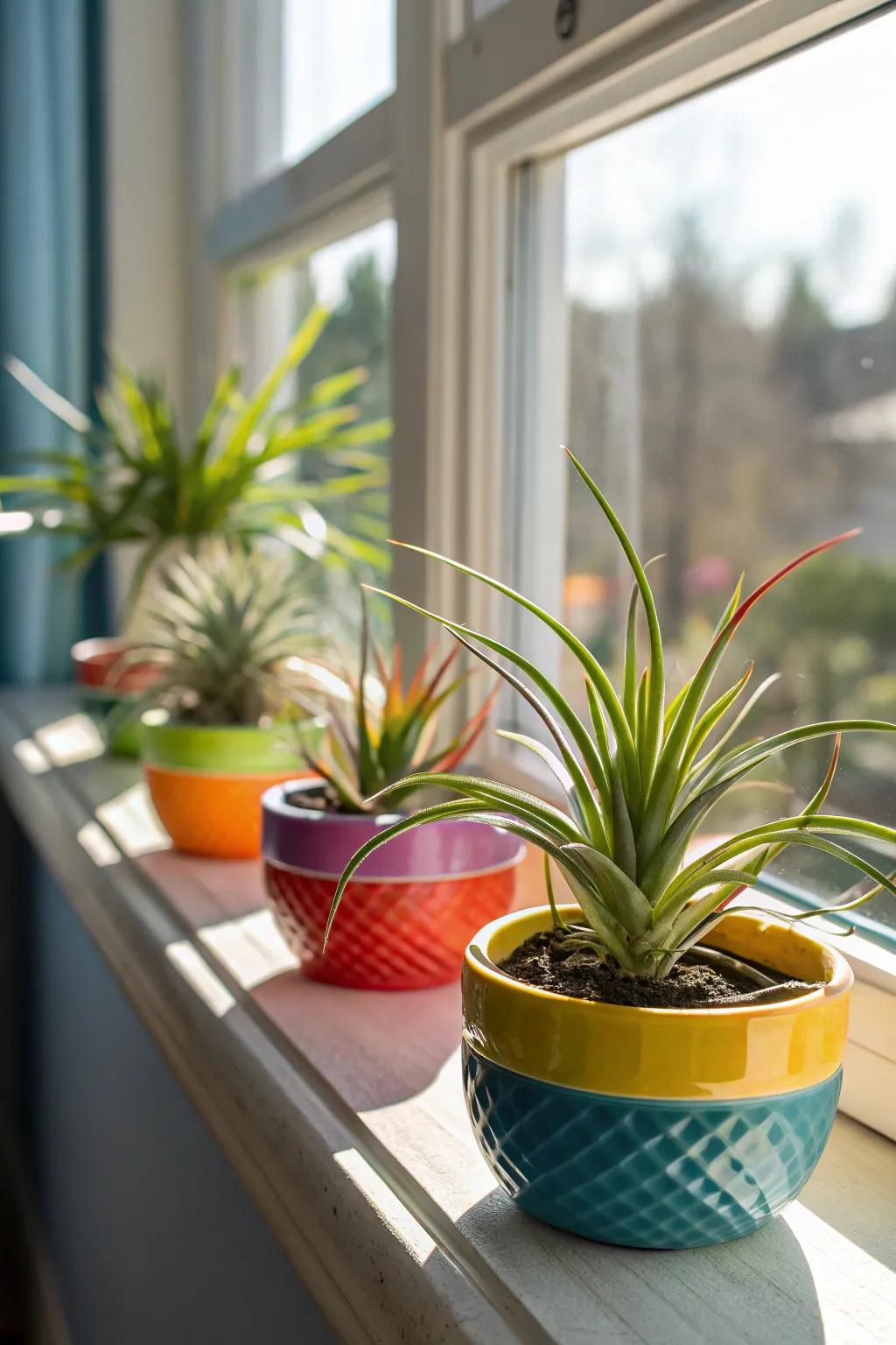 Air plants displayed beautifully in modern ceramic holders.