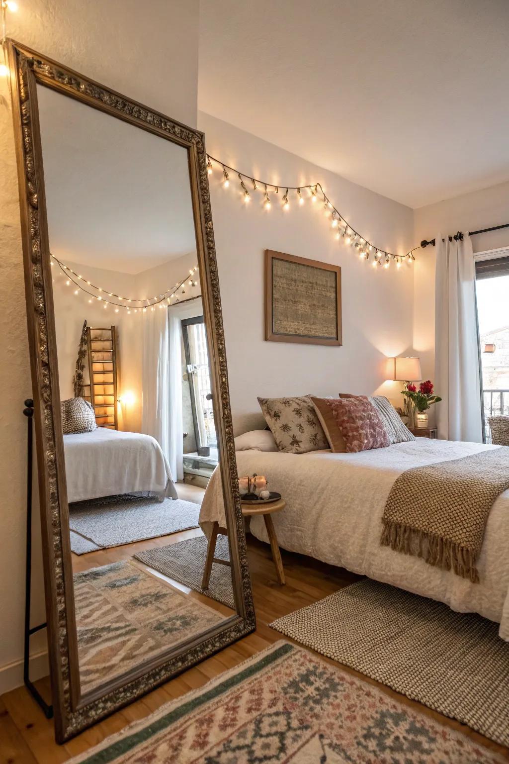 Mirrors enhance the sense of space and light in an Airbnb bedroom.